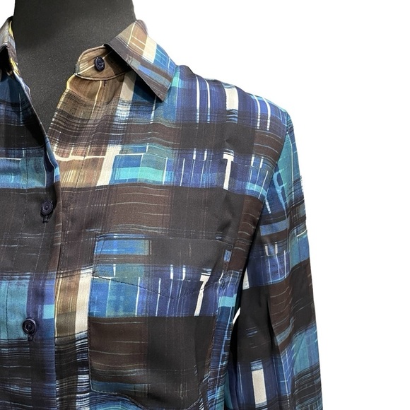 Trina Turk Blue Plaid Button Down Blouse | Size SP Petite | Office Dark Academia - Picture 7 of 16